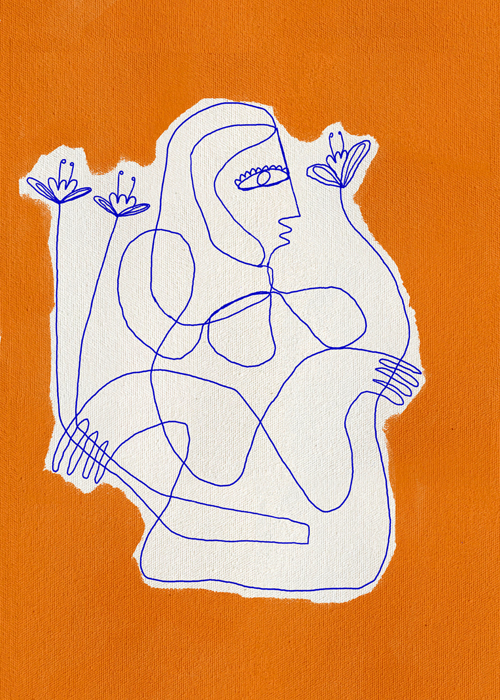 Illustration: linjefigur med blommor på orange