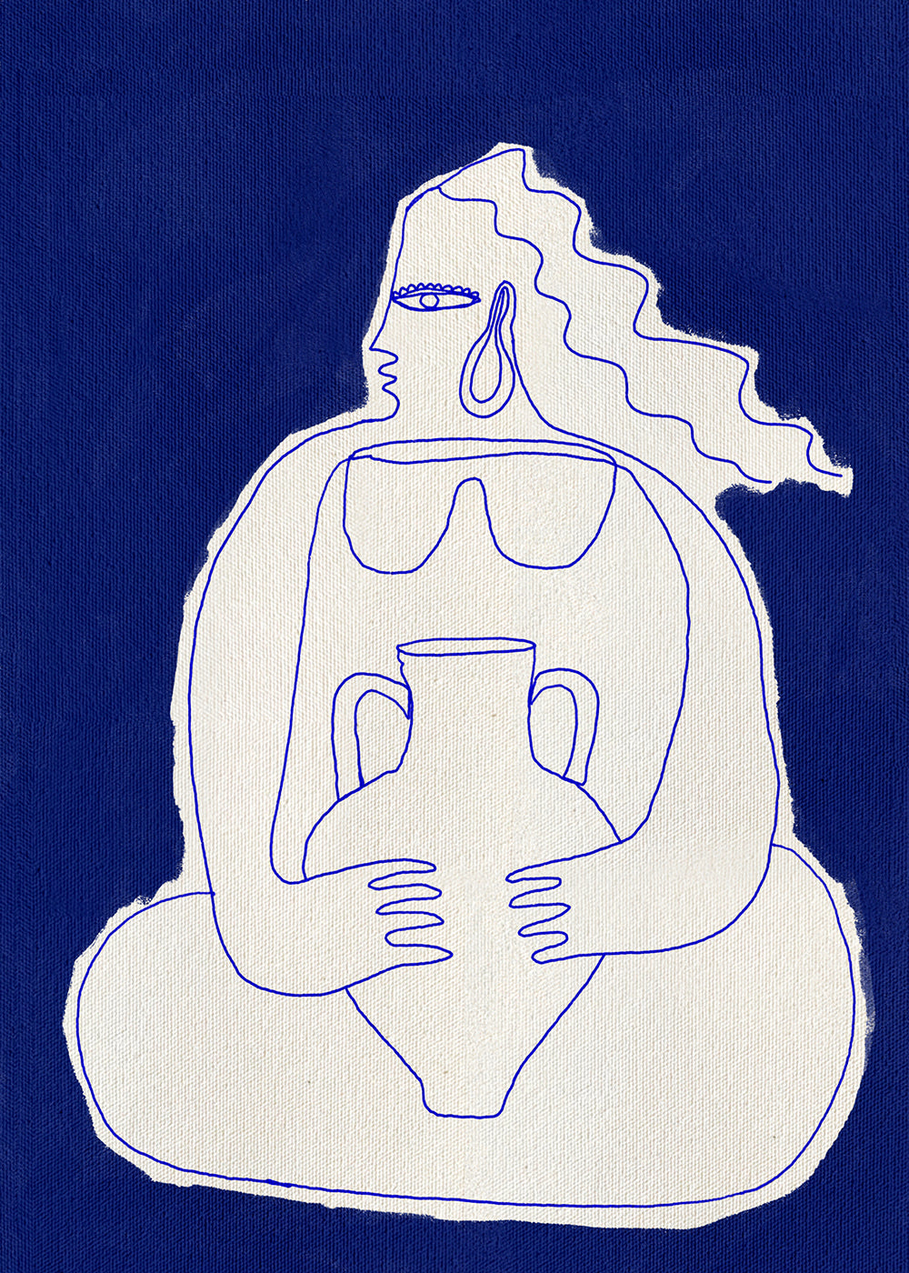 Illustration av figur med urna mot blå bakgrund