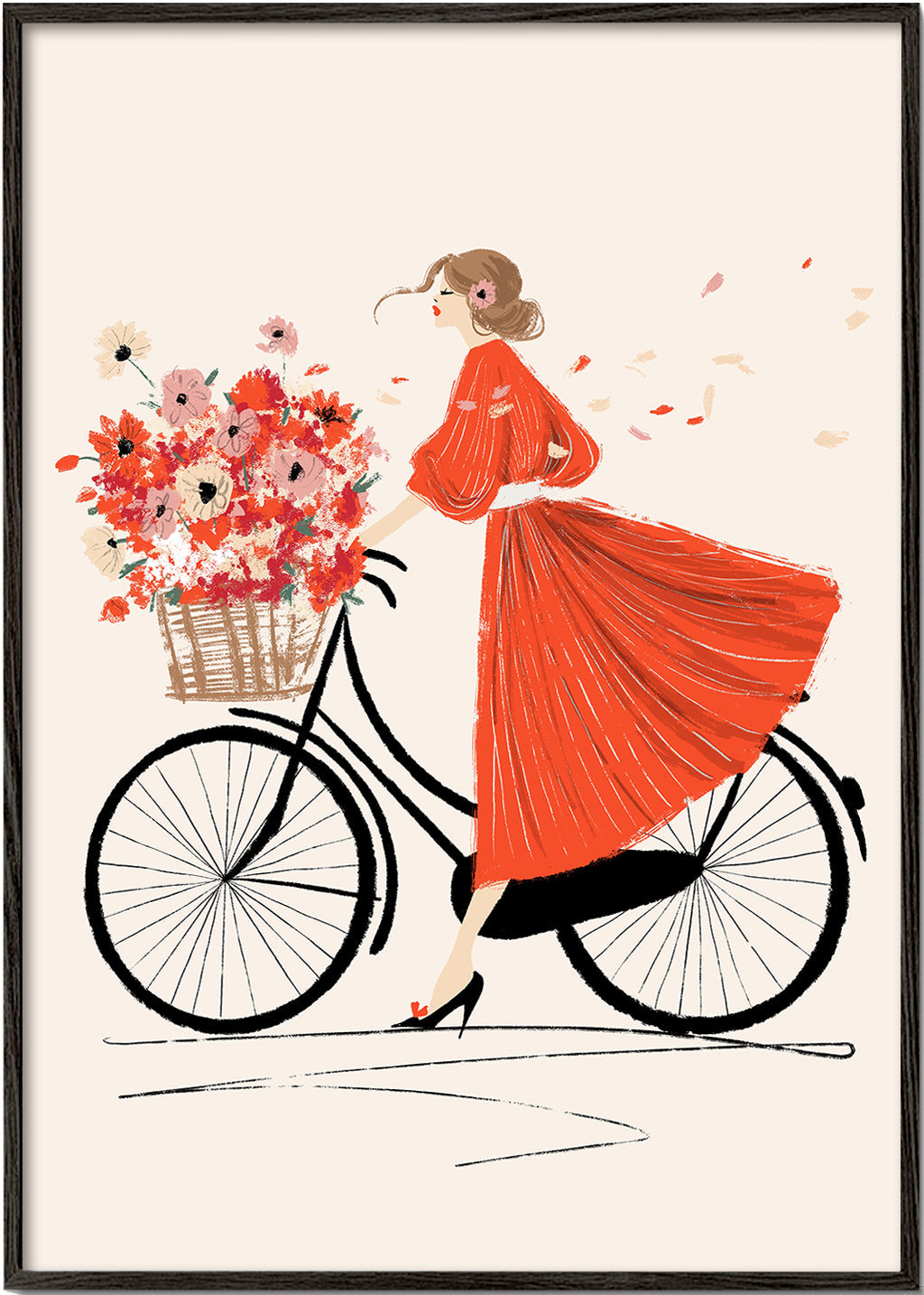 Illustration: cykel med blommor och röd klänning
