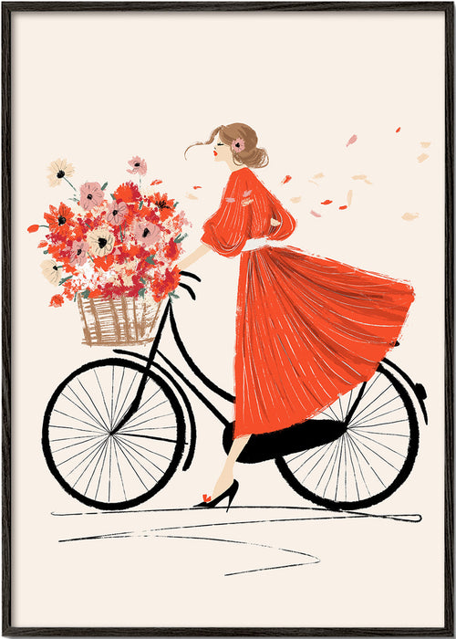 Illustration: cykel med blommor och röd klänning