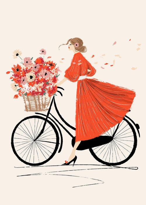 Illustration: cykel med blommor och röd klänning