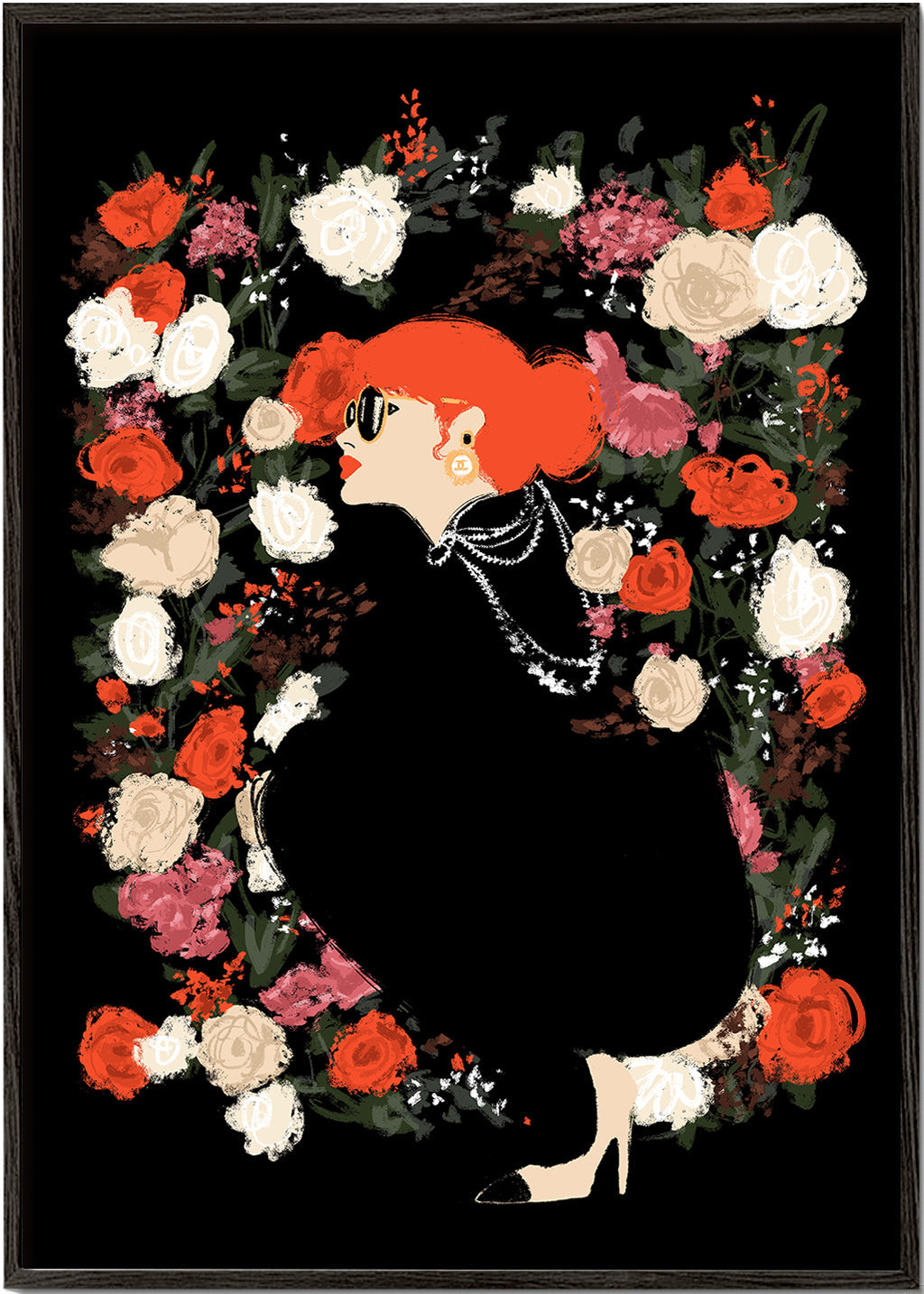 Botanisk poster med kvinnosilhuett och blomkrans