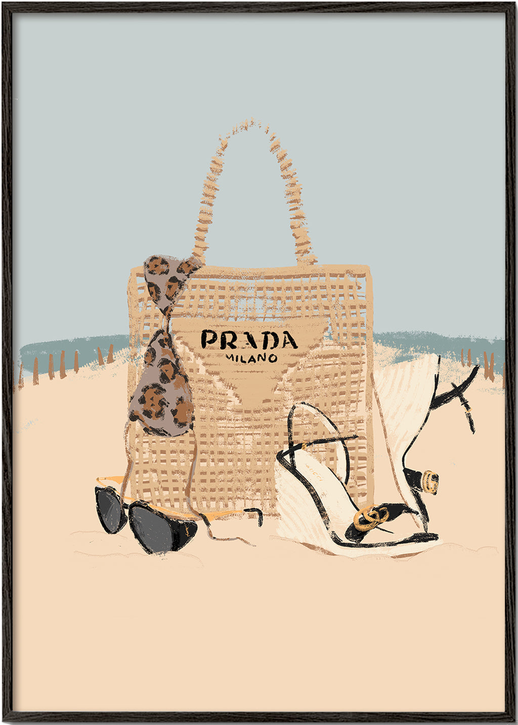 Landskapskonst med strandväska och sandaler