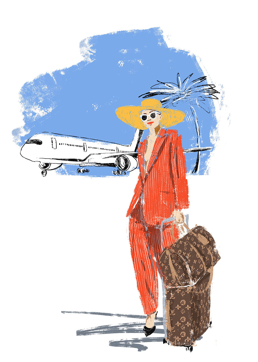 Reseaffisch: elegant resenär med väska och flygplan