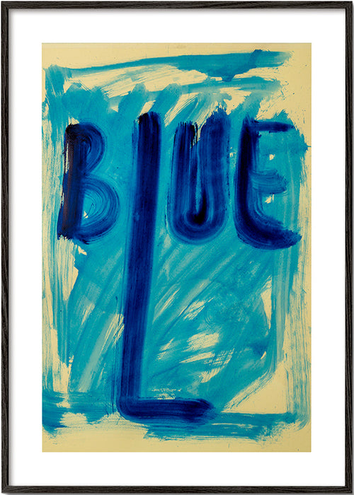 Abstrakt konstverk med handmålad blå typografi – Black Frame