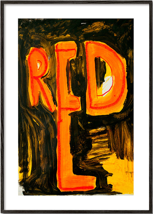 Typografisk illustration 'RED' med måleriskt penseldrag – Black Frame