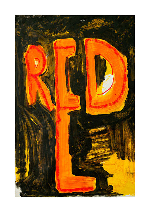 Typografisk illustration 'RED' med måleriskt penseldrag