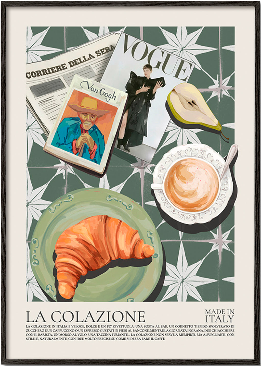 Kökskonst med croissant och tidning