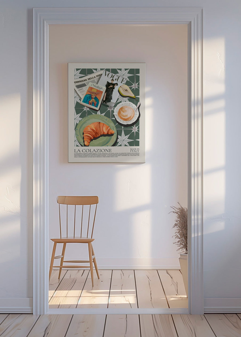Kökskonst med croissant och tidning
