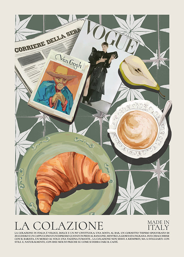 Kökskonst med croissant och tidning