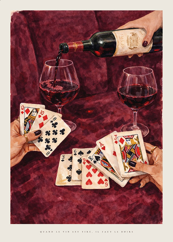 Kökskonst med spelkort och rött vin