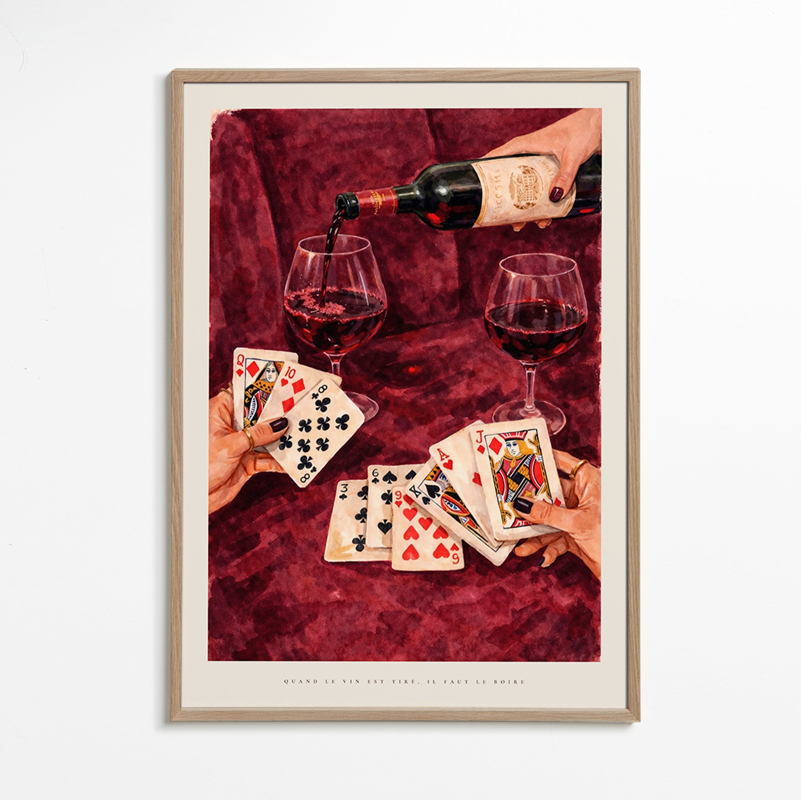 Kökskonst med spelkort och rött vin