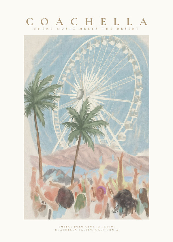 Coachella-illustration med pariserhjul och palmer