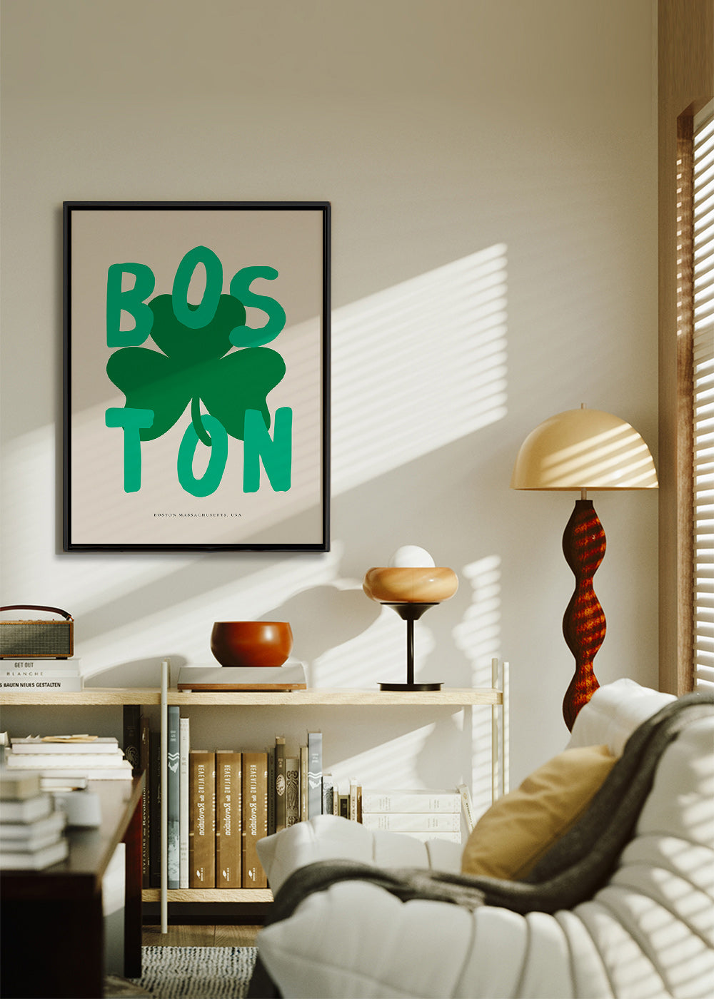 Reseaffisch Boston med klövergrafik