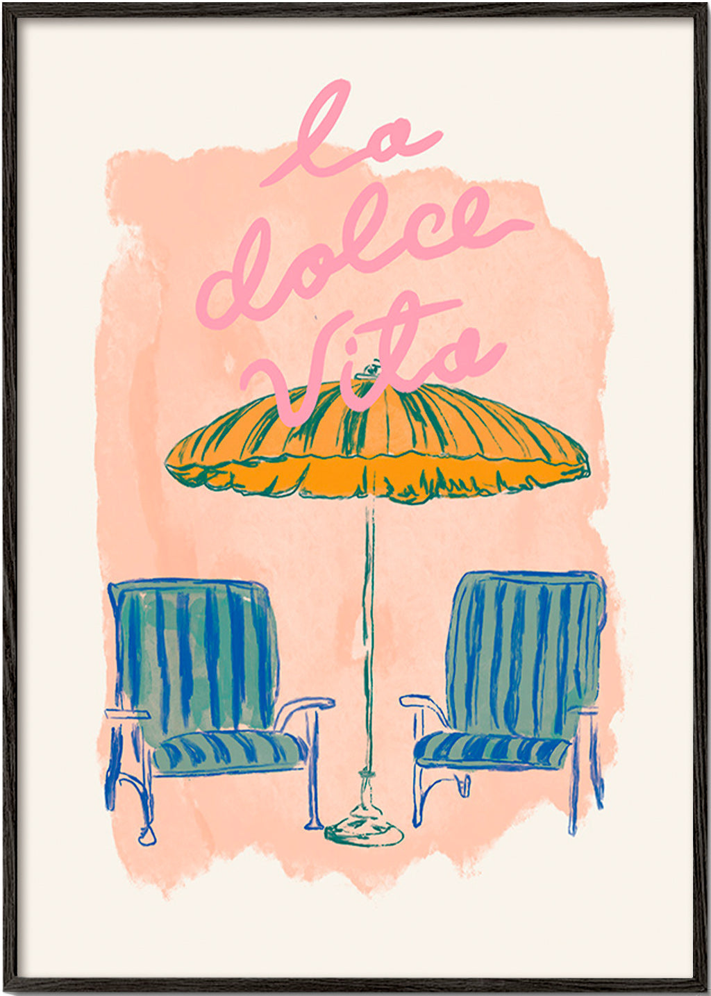 Illustration La Dolce Vita parasoll och stolar