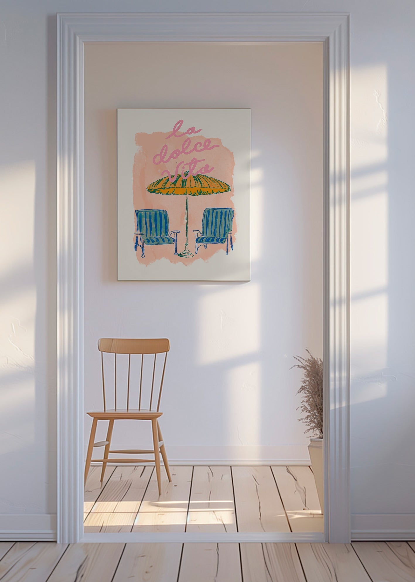 Illustration La Dolce Vita parasoll och stolar