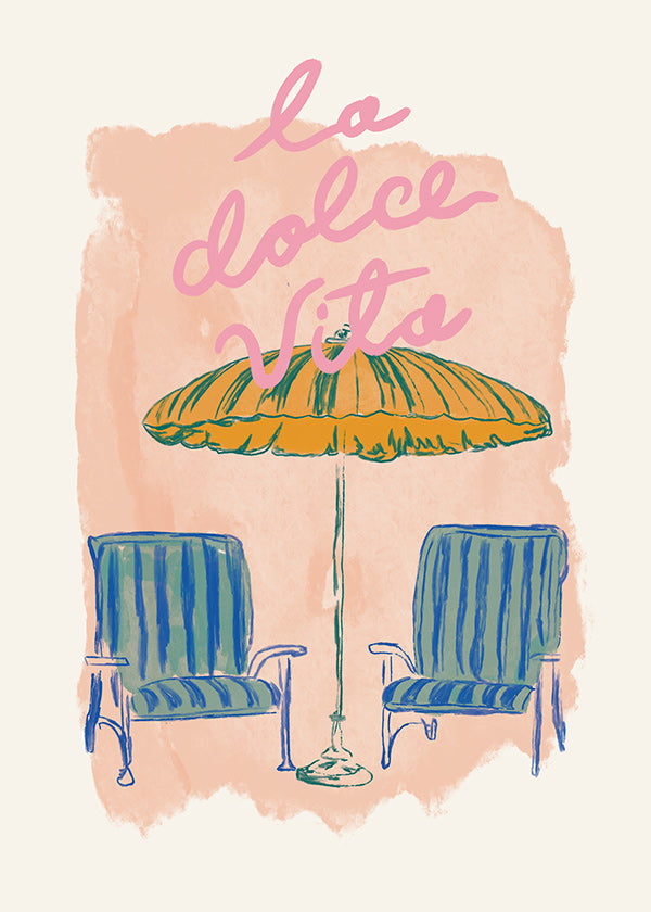 Illustration La Dolce Vita parasoll och stolar