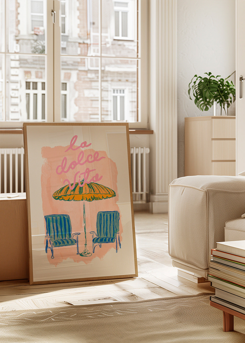 Illustration La Dolce Vita parasoll och stolar