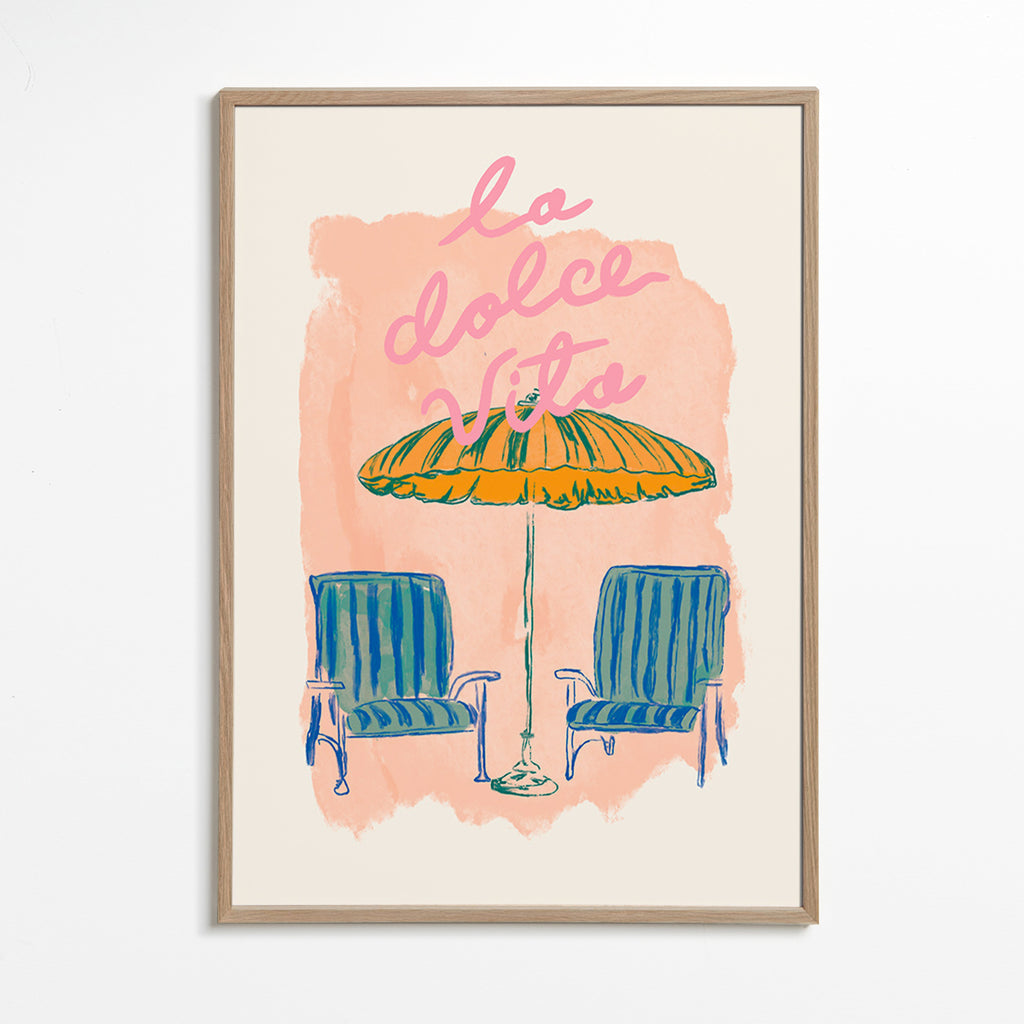 Illustration La Dolce Vita parasoll och stolar