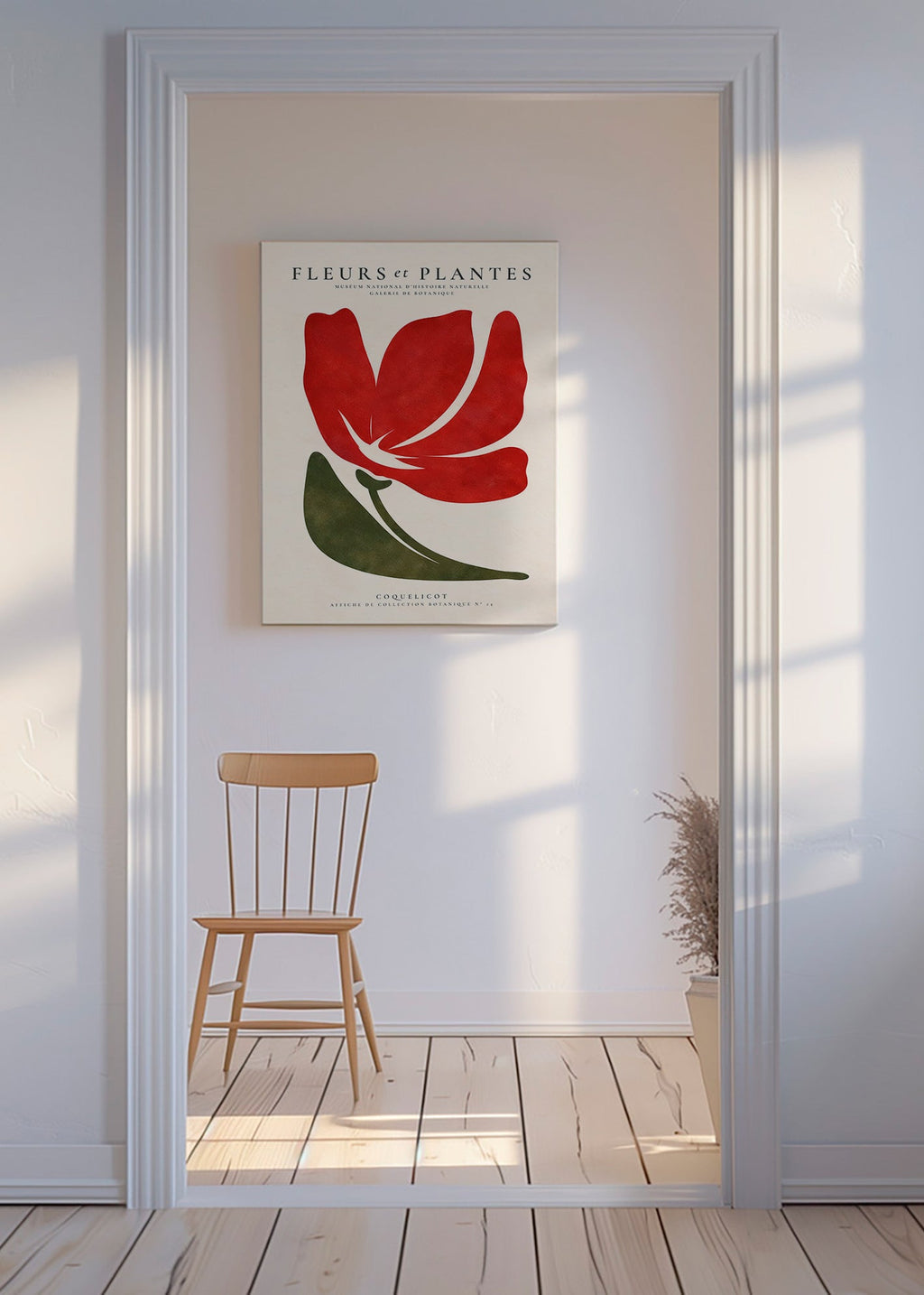 Botanisk poster med stiliserad röd vallmo