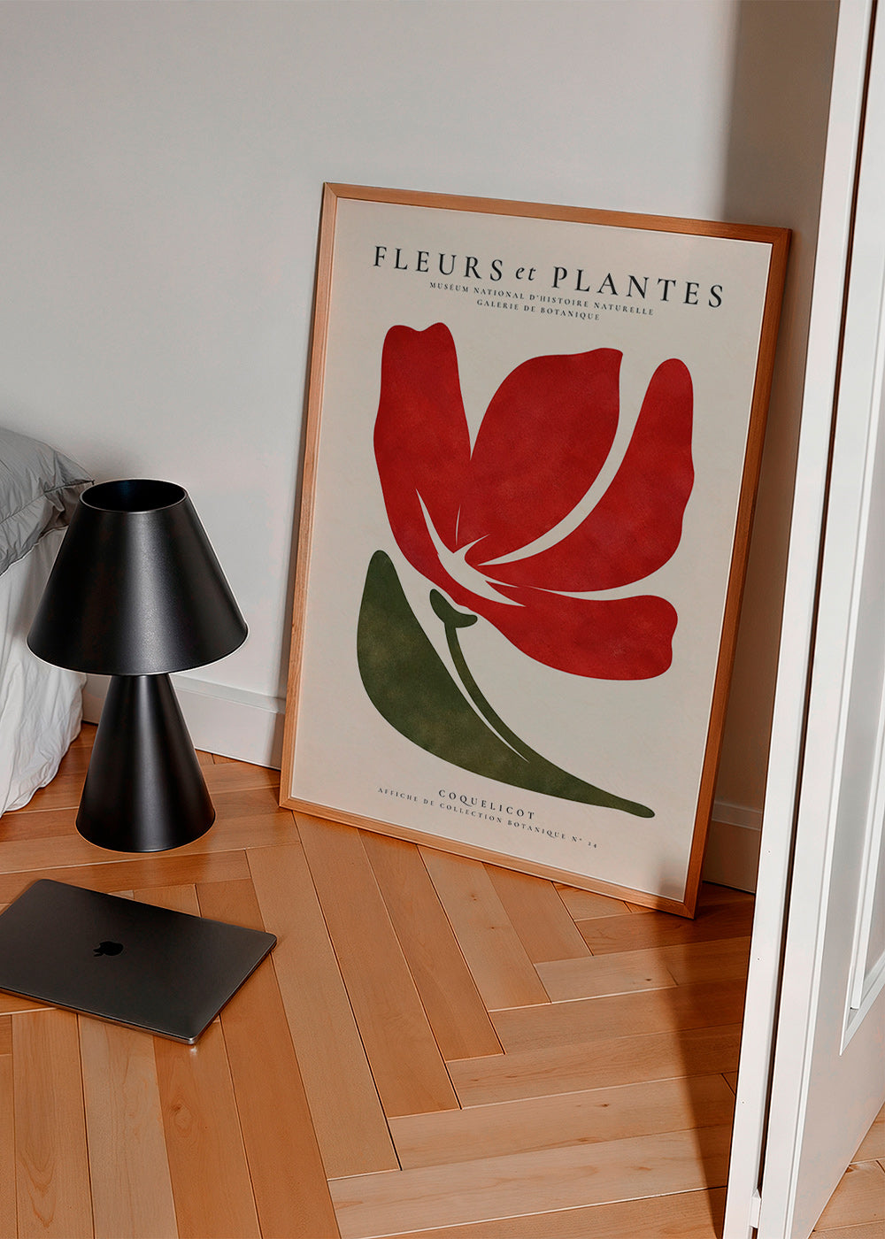 Botanisk poster med stiliserad röd vallmo