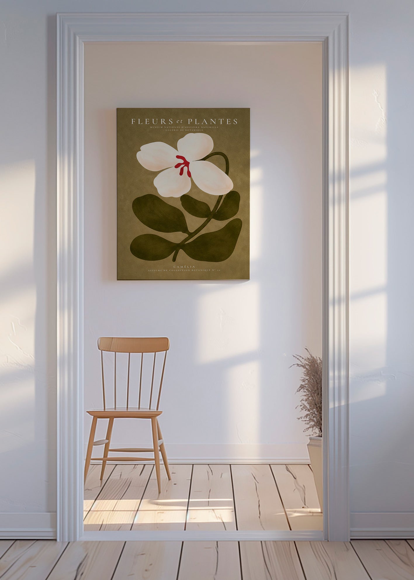 Botanisk poster: vit kamelia på olivgrön bakgrund
