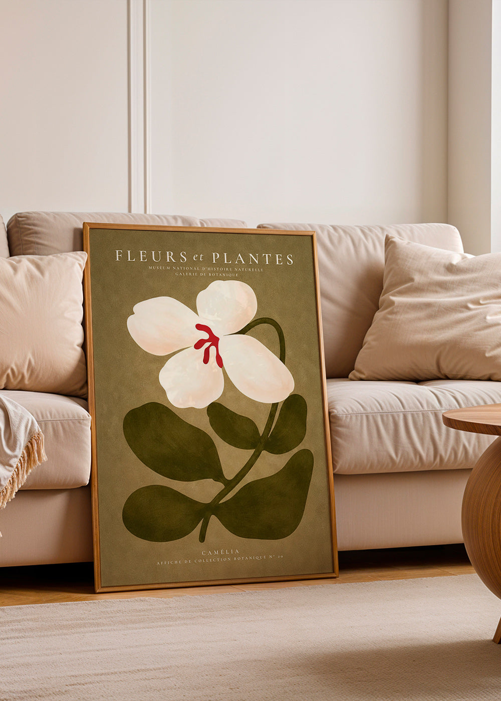 Botanisk poster: vit kamelia på olivgrön bakgrund
