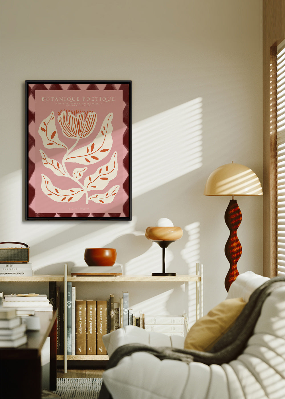 Botanisk poster med stiliserad rosa blomma