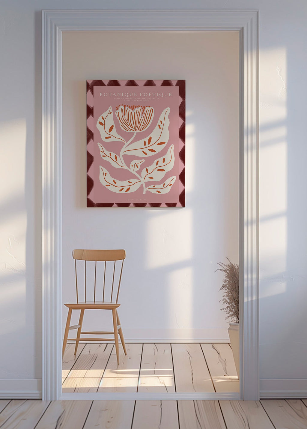 Botanisk poster med stiliserad rosa blomma