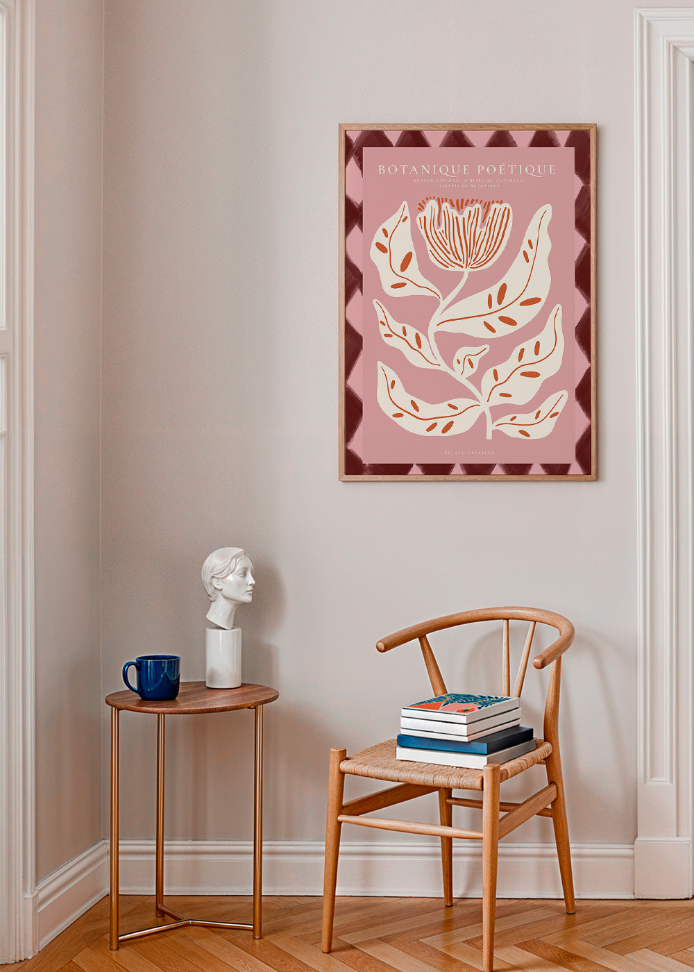 Botanisk poster med stiliserad rosa blomma