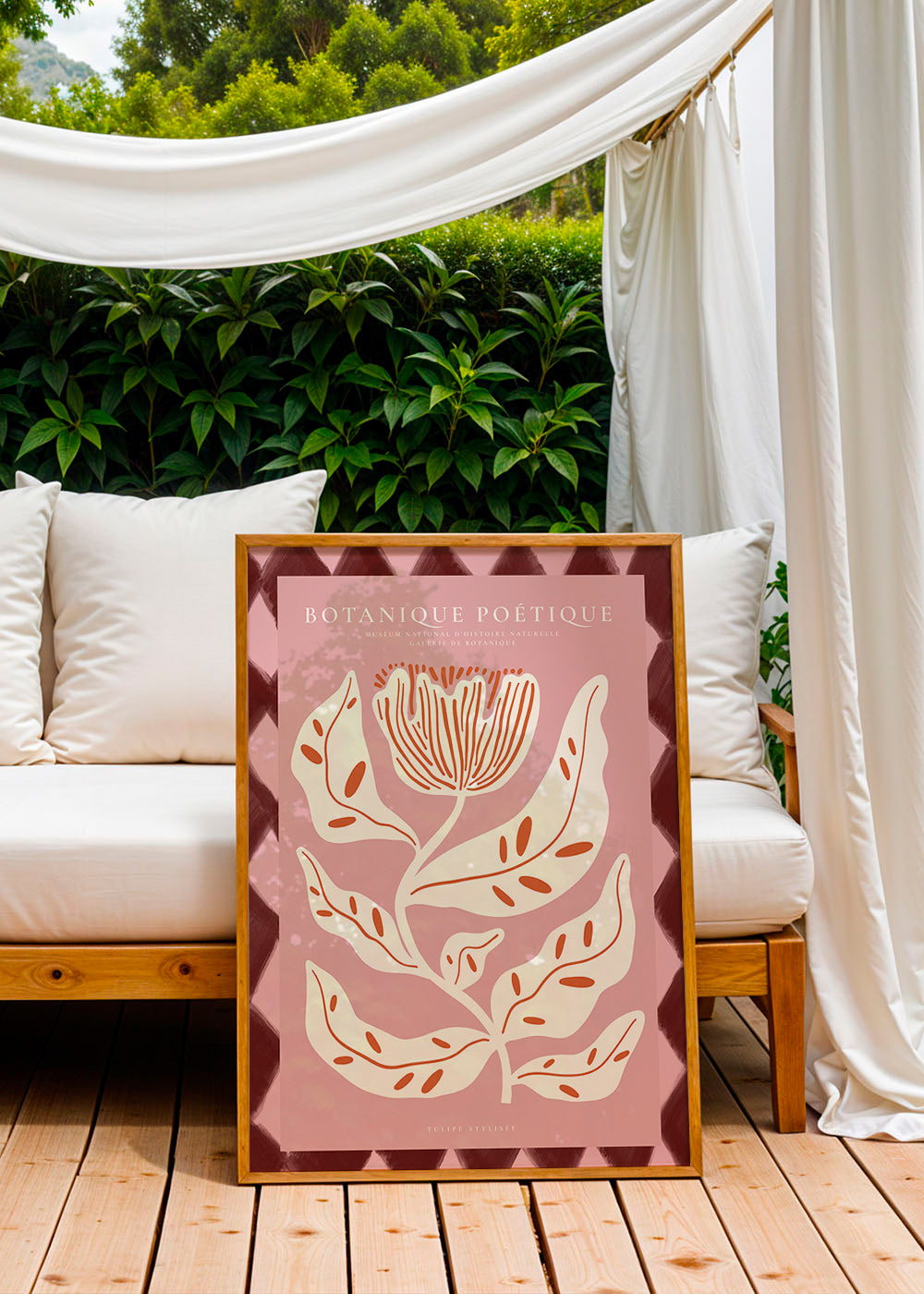Botanisk poster med stiliserad rosa blomma