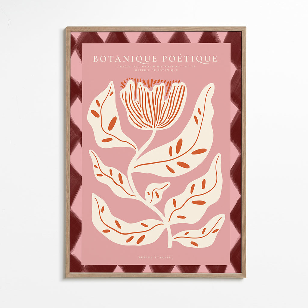 Botanisk poster med stiliserad rosa blomma