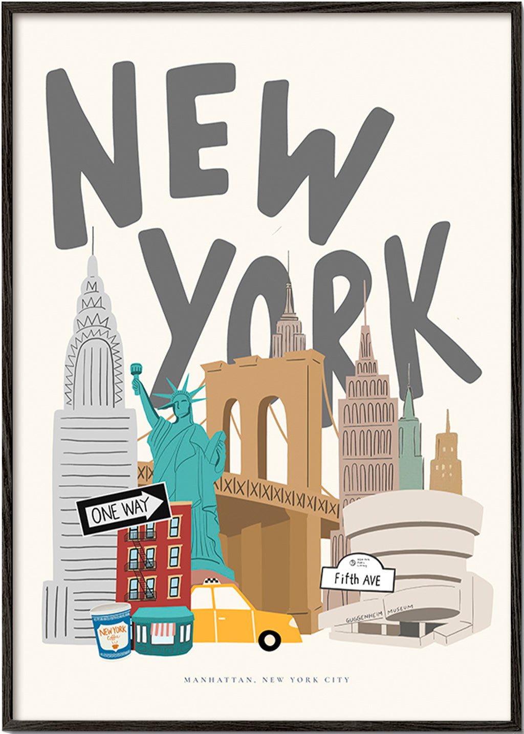 Reseaffisch med New York-ikoner