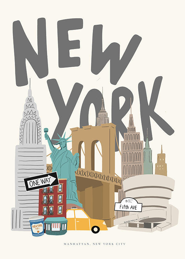 Reseaffisch med New York-ikoner