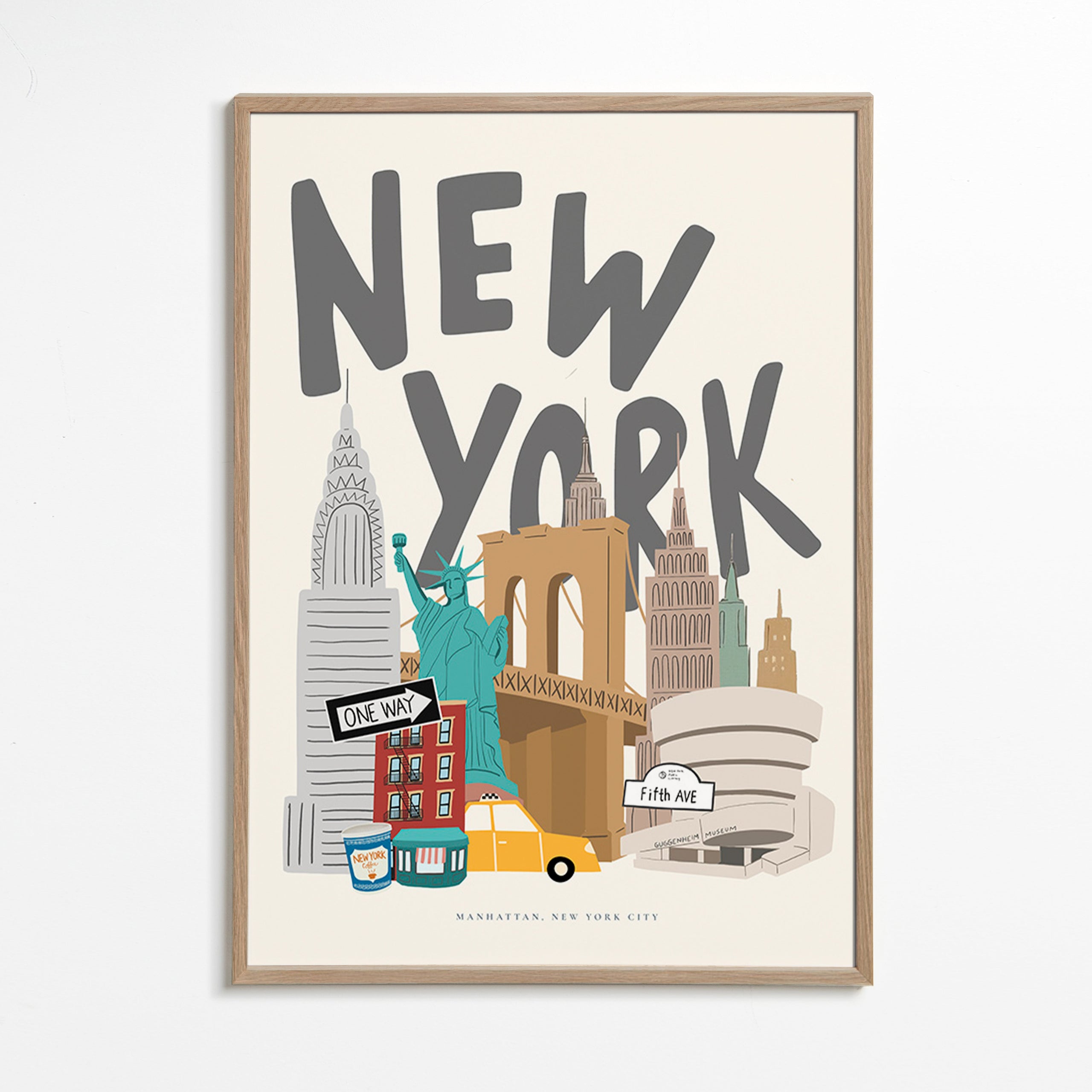 Reseaffisch med New York-ikoner