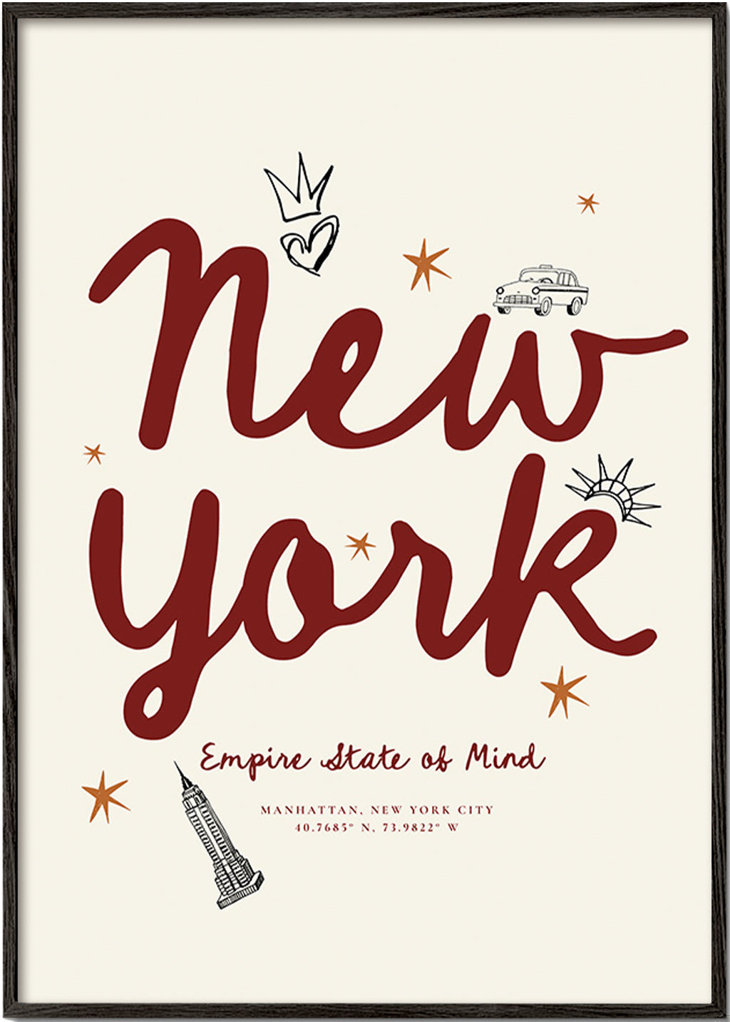Reseaffisch New York med bordeaux handlettering