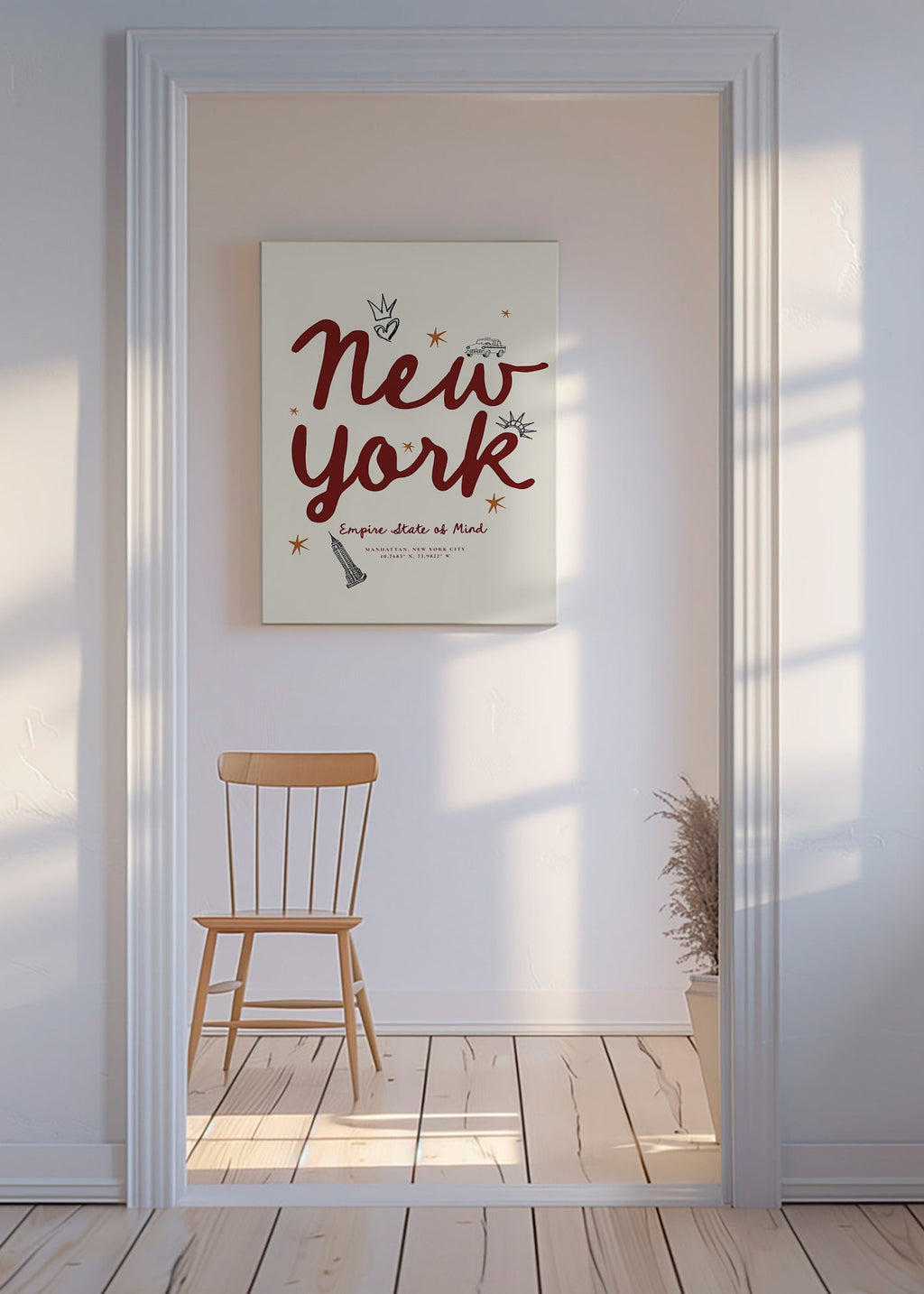 Reseaffisch New York med bordeaux handlettering