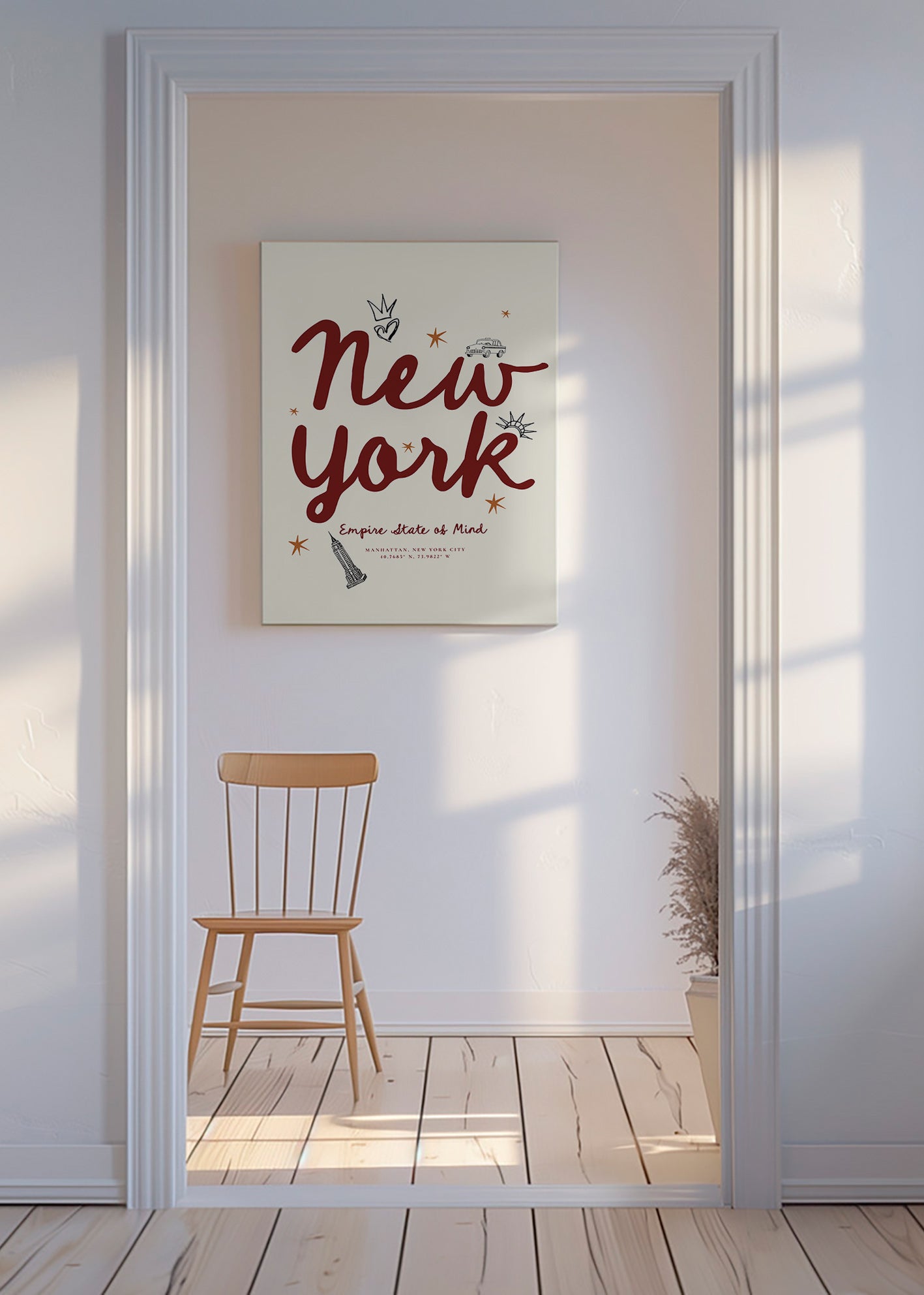 Reseaffisch New York med bordeaux handlettering