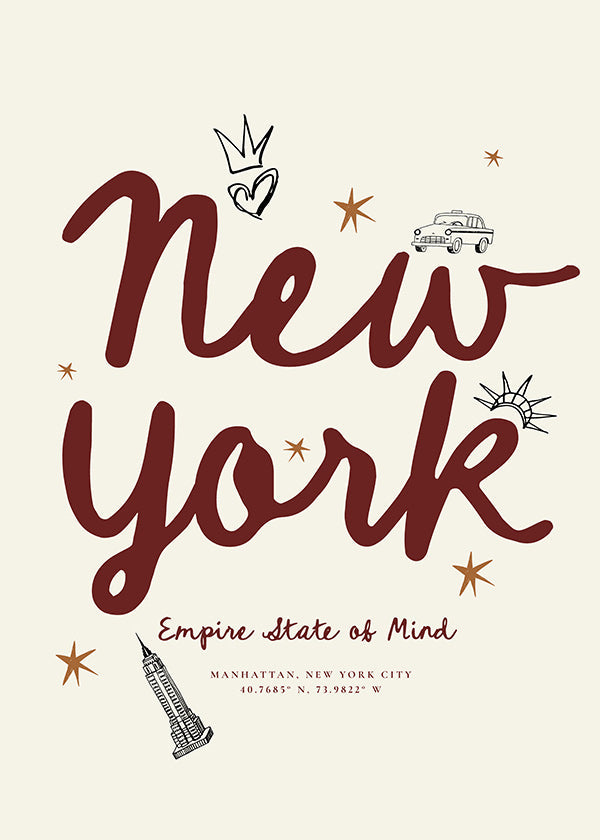 Reseaffisch New York med bordeaux handlettering