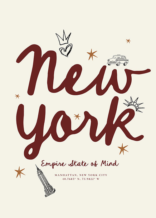 Reseaffisch New York med bordeaux handlettering
