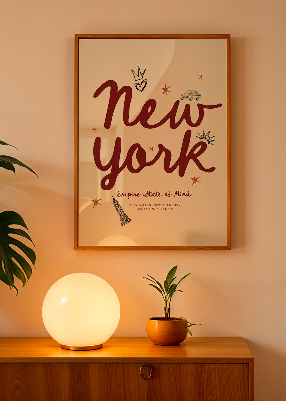 Reseaffisch New York med bordeaux handlettering