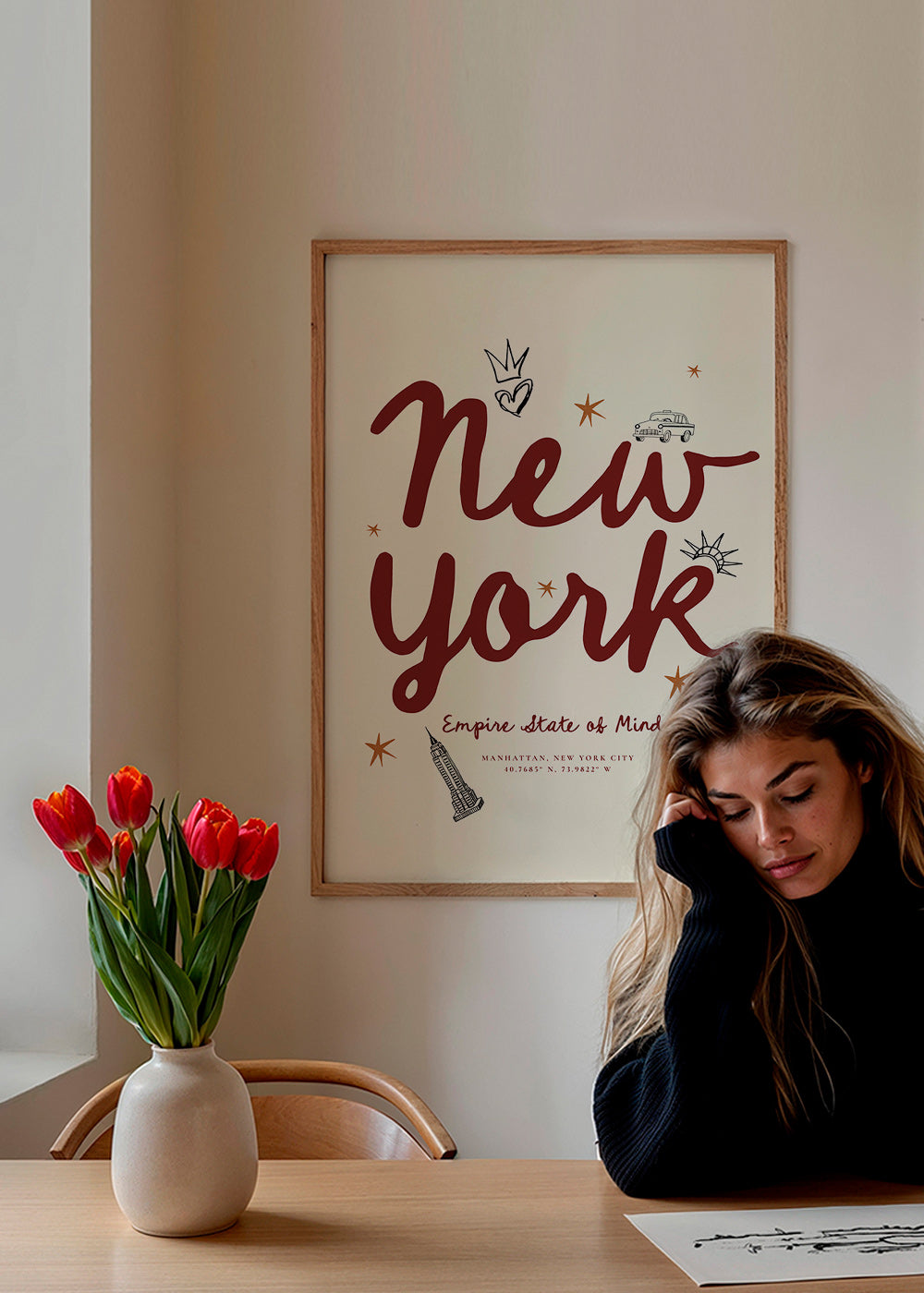 Reseaffisch New York med bordeaux handlettering