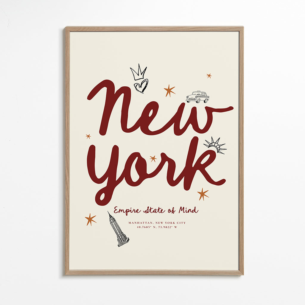 Reseaffisch New York med bordeaux handlettering