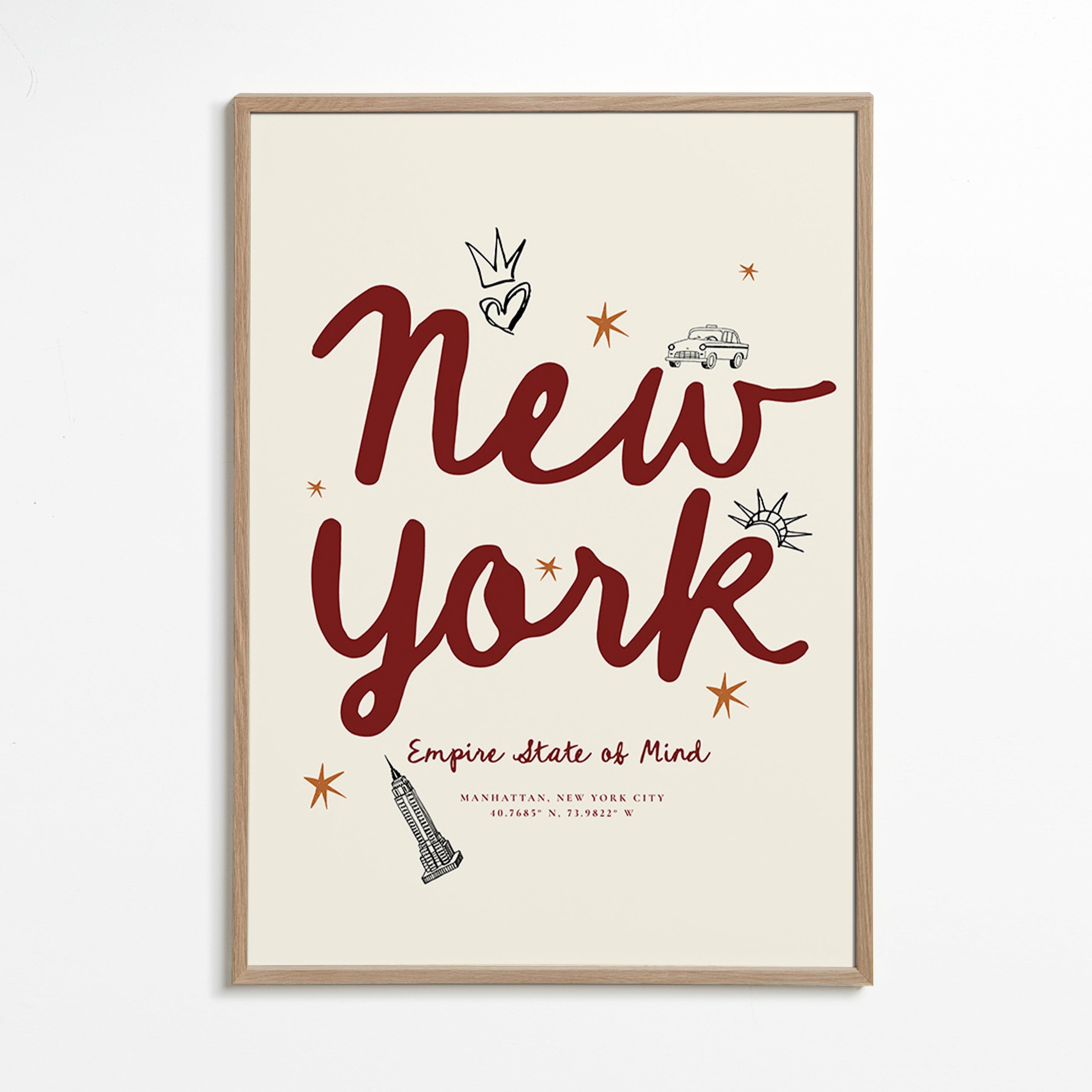 Reseaffisch New York med bordeaux handlettering