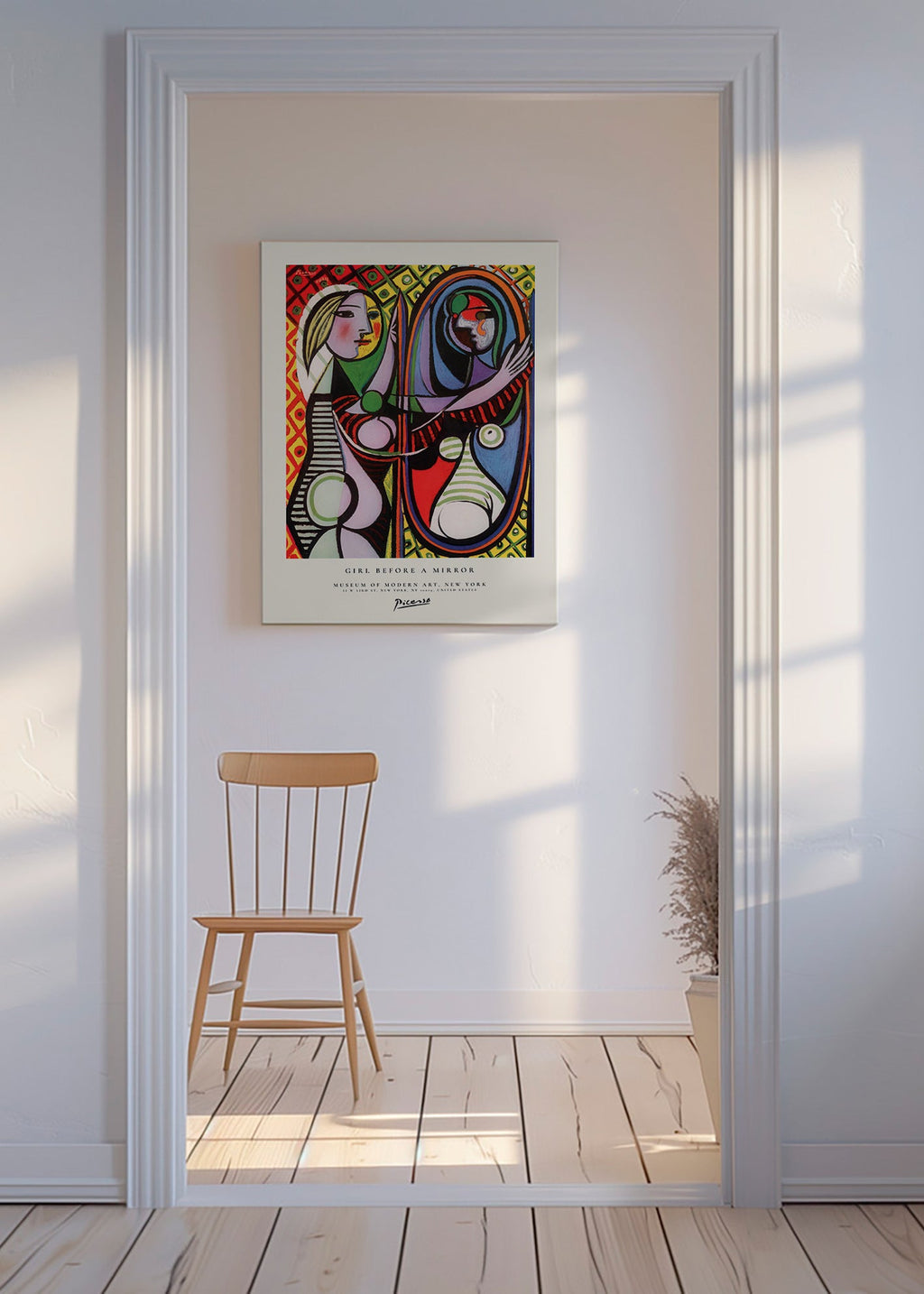 Abstrakt verk med figur framför spegel