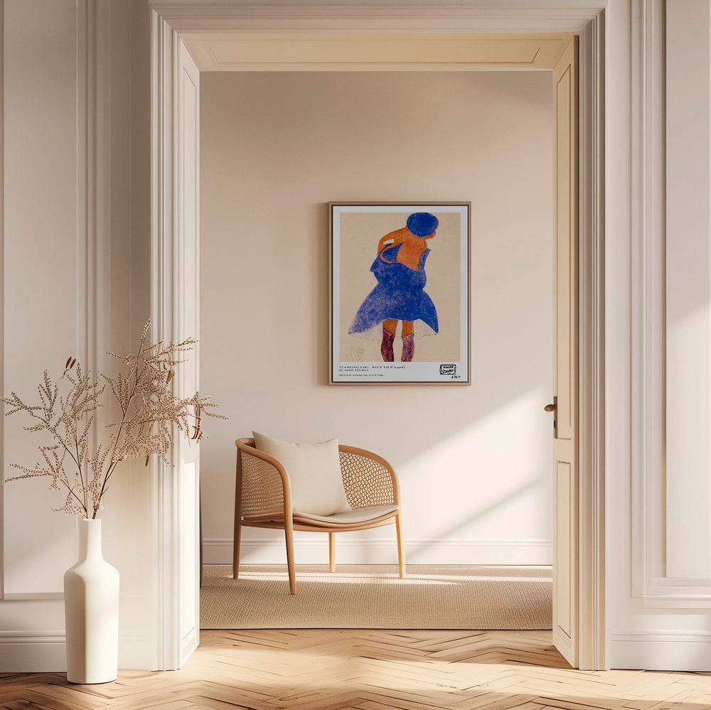 Illustration: kvinnlig figur bakifrån i blått
