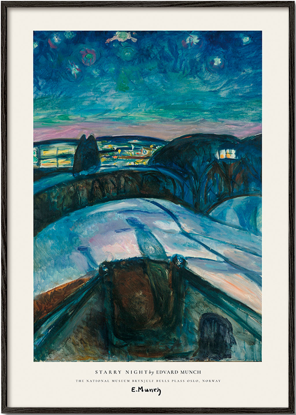 Landskapskonst med stjärnhimmel och snöiga kullar