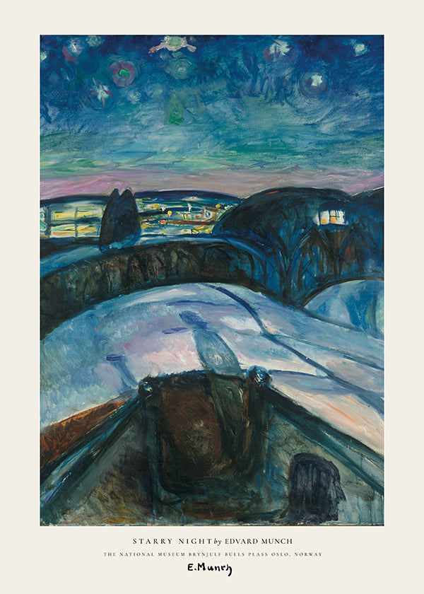 Landskapskonst med stjärnhimmel och snöiga kullar