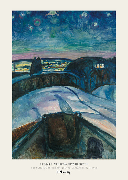 Landskapskonst med stjärnhimmel och snöiga kullar