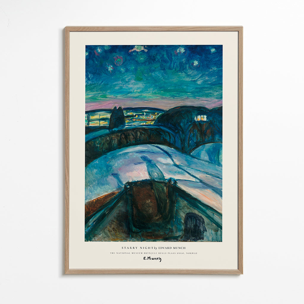 Landskapskonst med stjärnhimmel och snöiga kullar